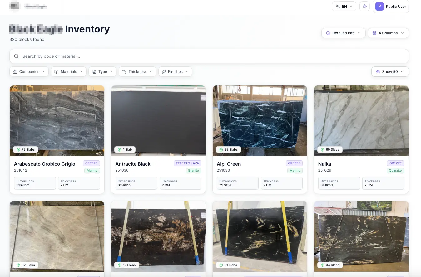Dashboard iBlocky con il catalogo digitale di blocchi e lastre di marmo