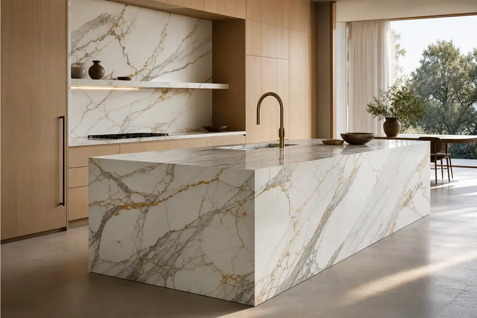 Render fotorealistico di una cucina con isola in marmo Calacatta generato da iBlocky AI