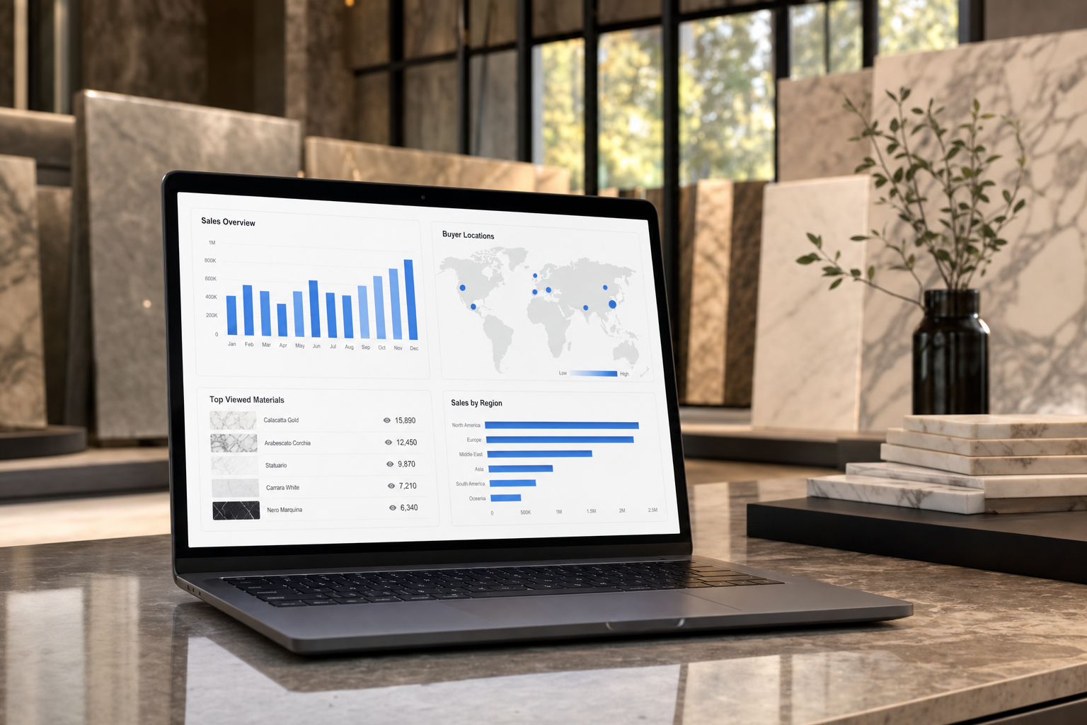 Dashboard iBlocky con statistiche di vendita e mappa geografica dei buyer
