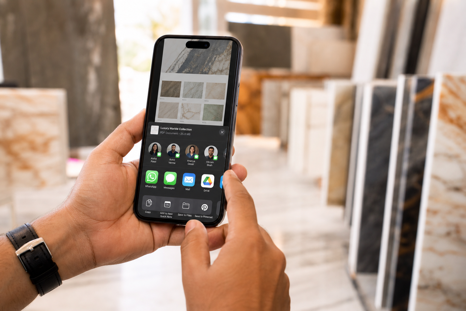 Condivisione di un catalogo marmo da smartphone via WhatsApp in showroom